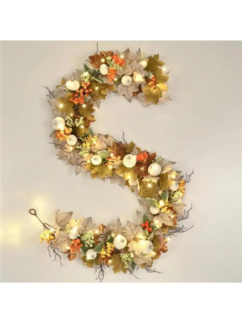 Lighted Fall Garland with Maple Leaves White Pumpkins Berry 6FT
